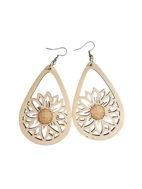 (4)Wooden Sunflower Teardrop Earrings - Beige